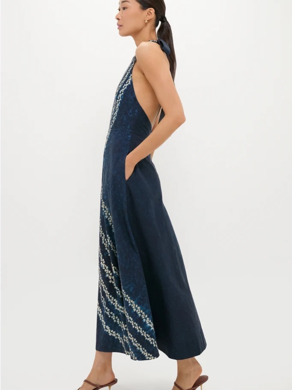 Tuckernuck Navy Blue Halter Maxi Dress with Diagonal Leaf Print - Picture 2 of 5
